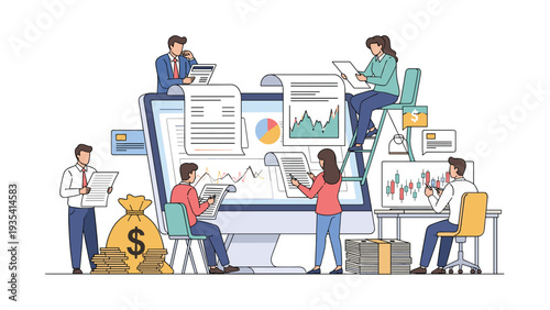 Team of financial experts analyzing complex data graphs and market trends on a giant computer monitor display.