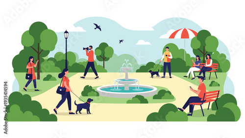People enjoying various outdoor activities in a sunny city park with a central fountain, trees, and wooden benches.