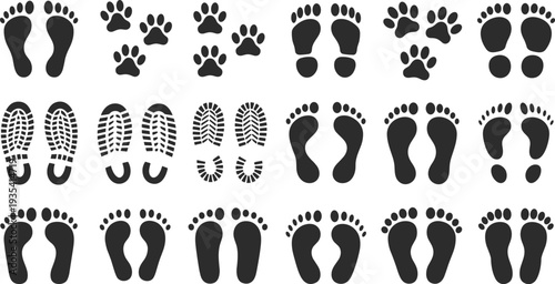 Assortment of human footprints and animal paw prints in black silhouette Keywords: footprint, paw print, shoe print, sole, human