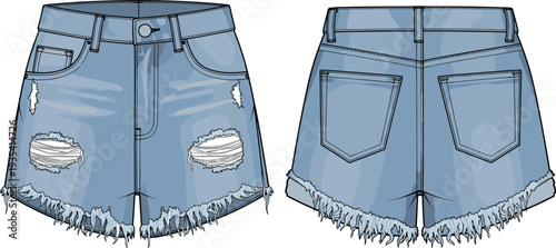Distressed denim shorts mockup, front and back view, ripped frayed hem jean shorts template isolated on white background