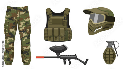 Professional paintball equipment set featuring camouflage clothing, a protective vest, mask, and a marker gun.