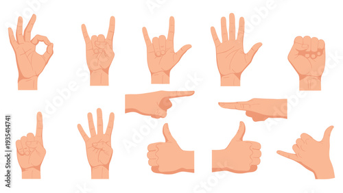 Comprehensive set of useful human hand gestures showing various signals like thumbs up, pointing, and the okay sign.