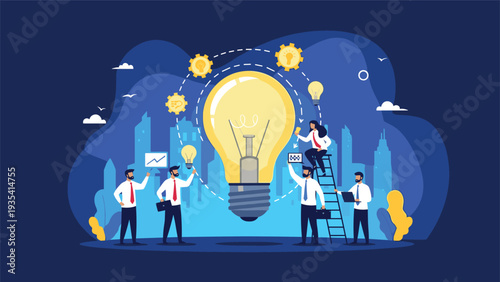 Innovation and brainstorming concept with business people working around a giant glowing light bulb at night.