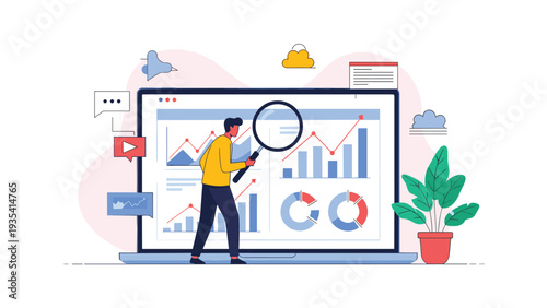 Data scientist examining financial performance charts and graphs on a laptop screen using a large magnifying glass.