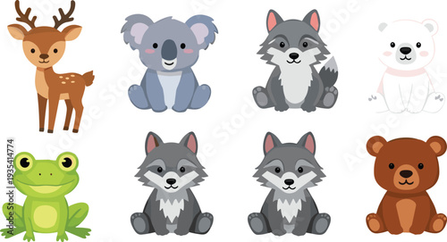 Cute forest animals cartoon collection with deer koala wolf bear frog and polar bear adorable wildlife vector illustration set