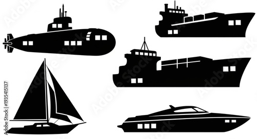 Collection of Silhouettes of Various Watercraft and Vessels.