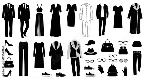 Collection of black and white fashion clothing and accessories silhouettes.