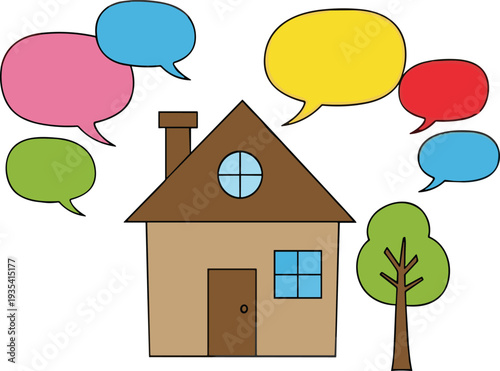 Cute house communication concept vector illustration with colorful speech bubbles home tree and social conversation design