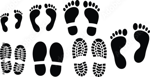 Black Silhouette Footprints and Shoe Prints on White Background Keywords: footprint, footstep, shoe print, sole, imprint, track