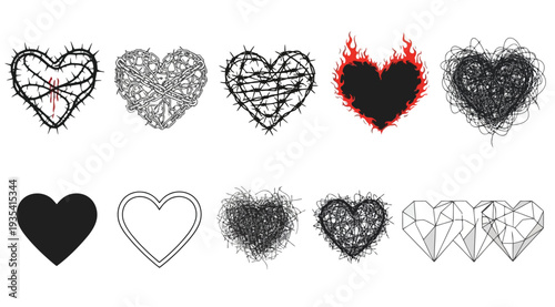 Collection of various heart shapes in different styles and designs on white background