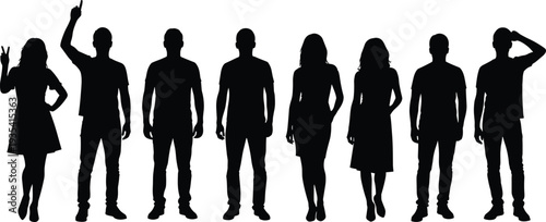Group of people silhouettes, men and women standing poses collection isolated on white background, black shadow vector illustration