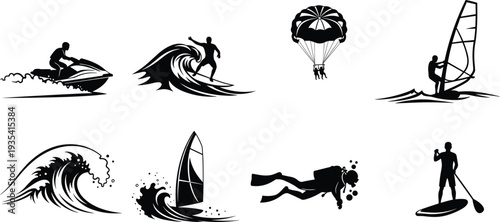 Detailed Black Illustrations of Surfing, Jet Skiing, Scuba Diving, Parasailing, Windsurfing, and Paddle Boarding for Summer Adventure