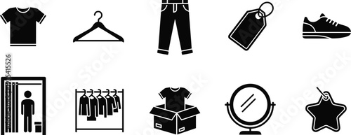Black Vector Illustrations of T-Shirt, Pants, Sneaker, Hanger, Price Tag, Mirror, and Fitting Room