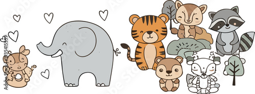 Cute woodland safari animals cartoon vector set featuring elephant tiger raccoon bear deer forest characters for kids nursery design