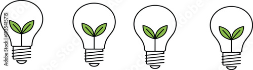 Eco Friendly Light Bulb Icons with Green Leaves Symbolizing Renewable Energy and Sustainable Environment Vector Illustration Set