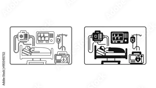 Intensive Care Unit ICU Hospital Room Icon, Medical Monitoring Equipment and Patient Bed Symbols in Linear and Solid Style