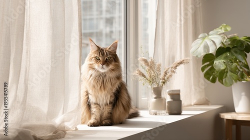 Long haired tabby cat on sunlit windowsill in bright minimal interior with plants and vases for design card poster background