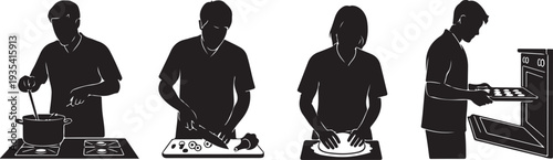 Black silhouette set of four cooking poses in kitchen on a white background, minimal outline
