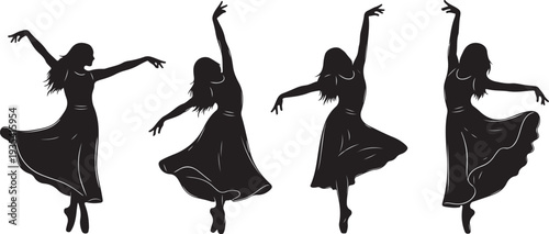Black silhouette set of four dancing poses of a woman on a white background, minimal outline