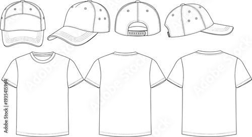Baseball cap and t shirt mockup set, front back and side view templates isolated on white background