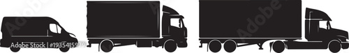Black silhouette set of four delivery trucks in side view on a white background, minimal outline