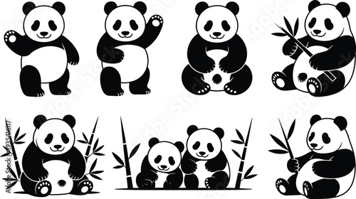 Eight Panda Bear Illustrations With Bamboo In Different Poses animal wildlife