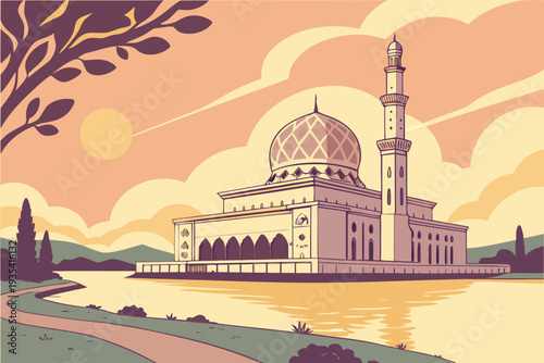 illustration of mosque in sunset
