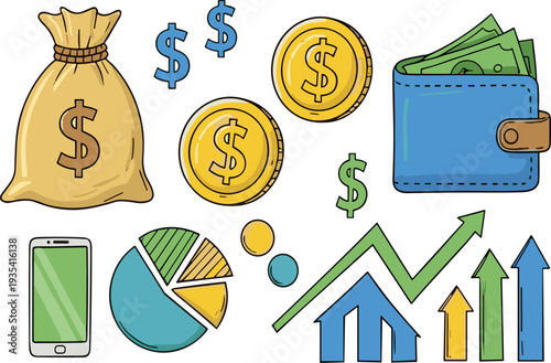 Finance and money icons set with wallet, coins, cash bag, smartphone, charts and growth arrows flat vector illustration