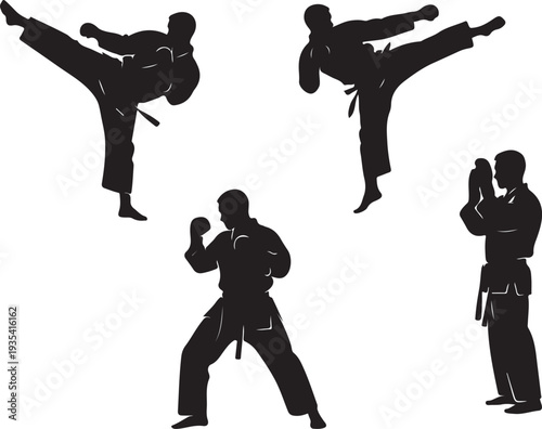 Black silhouette set of four martial arts action poses on a white background, minimal outline