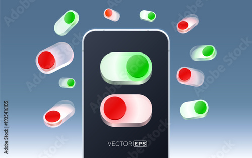 Modern smartphone with vibrant 3D toggle switches. User interface design concept.