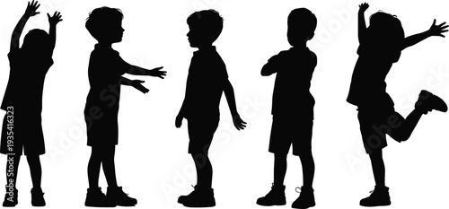 Five Silhouettes Of Children In Various Poses On White Background kids black