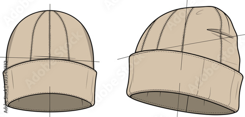 Winter beanie hat mockup, front and perspective view, folded cuff knit cap template isolated on white background