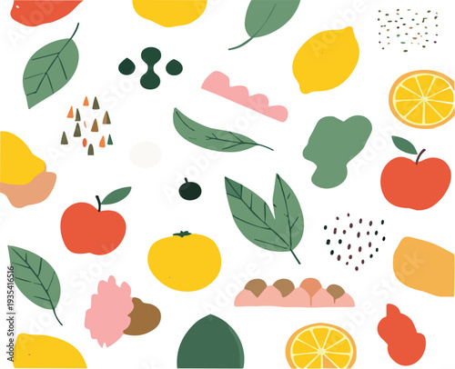 Fresh fruits and leaves abstract collection with lemon slices, apple, orange and organic shapes modern flat vector illustration set