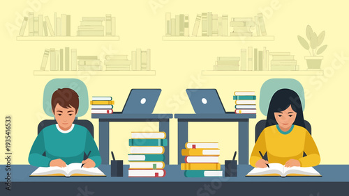 Two students studying together at desks with books and laptops