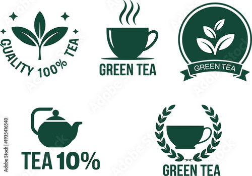 Five green tea logos and icons with leaves cups and teapots Keywords: tea, green tea, logo, icon, symbol, graphic, design