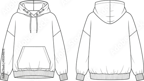 Pullover hoodie mockup, front and back view, blank hooded sweatshirt template isolated on white background illustration