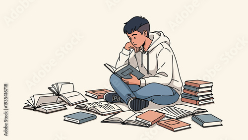 Young boy reading surrounded by books, studying, learning, education, knowledge, knowledge acquisition