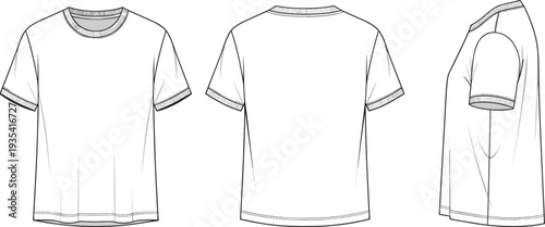 Blank ringer t shirt mockup, front back and side view, short sleeve contrast collar template isolated on white background