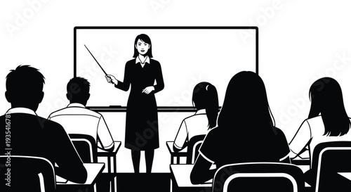 Female Instructor Teaching Lesson at Blackboard for Education, Learning, Schooling, Academic Study, and College Training