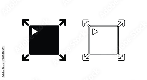 Full screen and exit full screen mode vector icons set for user interface, web design, and media player controls, black and outline style