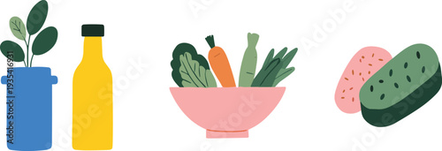 Healthy food and cooking ingredients set with vegetables, olive oil bottle, salad bowl and fresh cucumber flat vector illustration