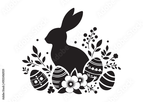 easter bunny eggs and flowers logo silhouette, easter eggs silhouette vector illustration,  decorative pattern logo silhouette, easter bunny eggs and floral logo silhouette design on white background