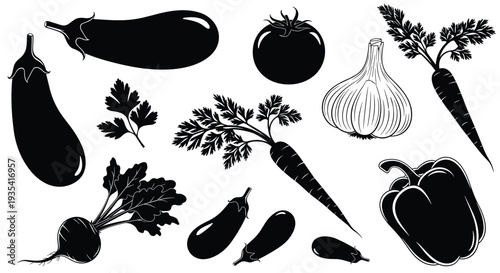 Detailed Black Illustrations of Eggplant, Tomato, Garlic, Carrot, Beet, and Bell Pepper for Food Branding and Kitchen Decor