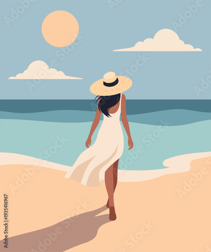Summer holidays. Rear view. Walk along the beach. Woman or a girl on vacation in a hat, tunic, swimsuit, walk the beach. Sea, sky, shore. Vector summer design for travel, tourism, recreation, wellness