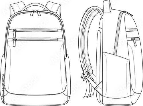 Backpack mockup, front and side view, blank school travel bag template isolated on white background illustration