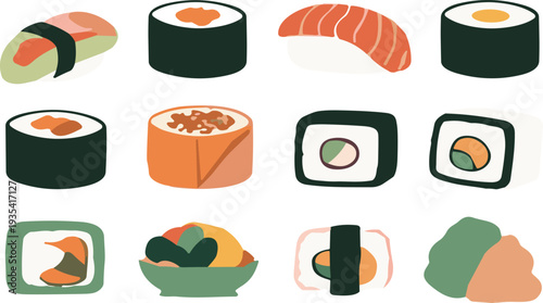 Japanese sushi food collection with nigiri, maki and salmon rolls traditional Asian cuisine flat vector illustration set