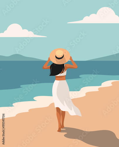 Summer holidays. Rear view. Walk along the beach. Woman or a girl on vacation in a hat, tunic, swimsuit, walk the beach. Sky, sea, shore. Vector summer design for travel, tourism, recreation, wellness