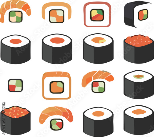 Japanese sushi roll icon set featuring nigiri maki salmon tuna seafood traditional cuisine flat vector food collection
