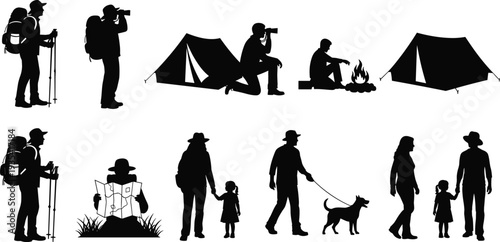 Camping adventure silhouette set vector, hikers tents campfire family walking dog isolated on white background illustration collection