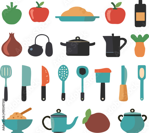 Kitchen cooking utensils and food ingredients icon set featuring knife pot kettle vegetables fruits and cookware flat vector